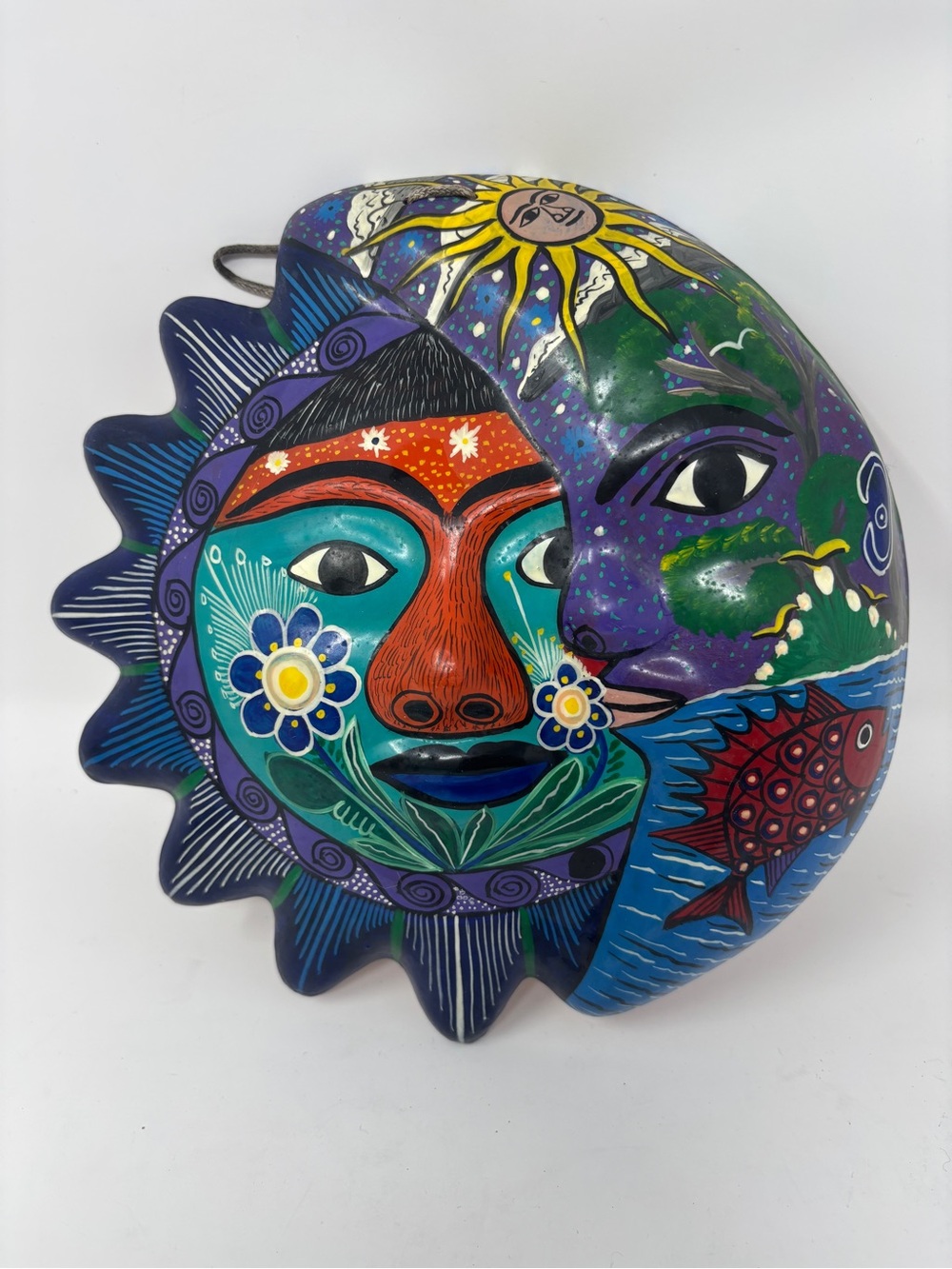 Vintage Mexican Folk Art Clay Sun Moon Eclipse Celestial Wall Hanging